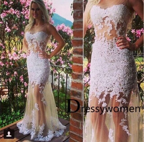 Sexy Elegant Tulle Lace Long Prom Dress with Appliques - Click Image to Close