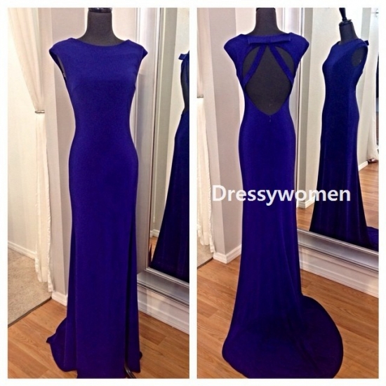 Stunning Mermaid Sweep Train Royal Blue Open Back Satin Evening Gown SAED-90030 - Click Image to Close