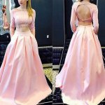 Luxurious A-Line Jewel 3/4 Sleeves Long Backless Satin Pink Prom Dress With Sequins