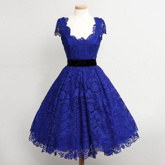 Ball Gown Scoop Cap Sleeves Royal Blue Lace Homecoming Dress with Sash - Click Image to Close