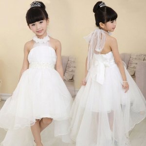 Cute Halter Princess Hi-Low Organza White Flower Girl Dress Wedding Party with Bowknot