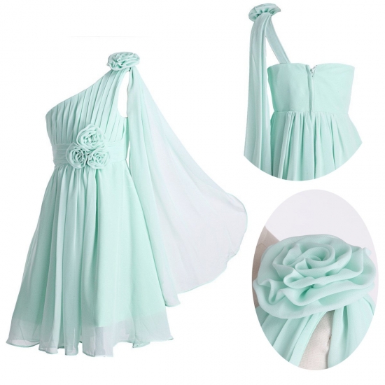 New One Shoulder Watteau Short/Mini Chiffon Mint Green Junior Bridesmaid Dress with Handmade Flowers - Click Image to Close