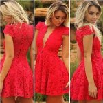Short/Mini Cap Sleeves Lace Prom/Homecoming Dress - Red A-Line Deep V-Neck