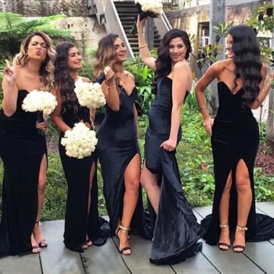 Fashion V-neck Long Mermaid Black Bridesmaid Dress With Split Side