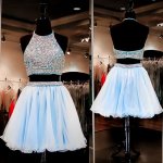 Fashion Halter Beading Two-pieces Blue Homecoming Dress Prom Gown