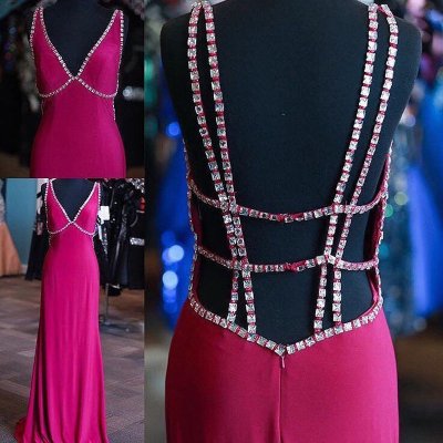 Elegant V-neck Sweep Train Open Back Fuchsia Prom/Evening Dresses with Rhinestones