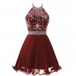 High Quality Halter Open Back Short Wine Homecoming Dress with Beading Rhinestones