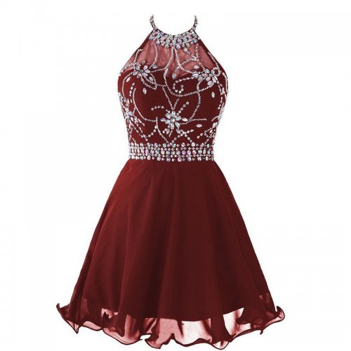 High Quality Halter Open Back Short Wine Homecoming Dress with Beading Rhinestones