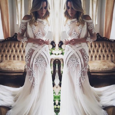 Elegant Sheath Off Shoulder 3/4 Sleeves Court Train Wedding Dress with Appliques