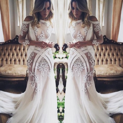 Elegant Sheath Off Shoulder 3/4 Sleeves Court Train Wedding Dress with Appliques