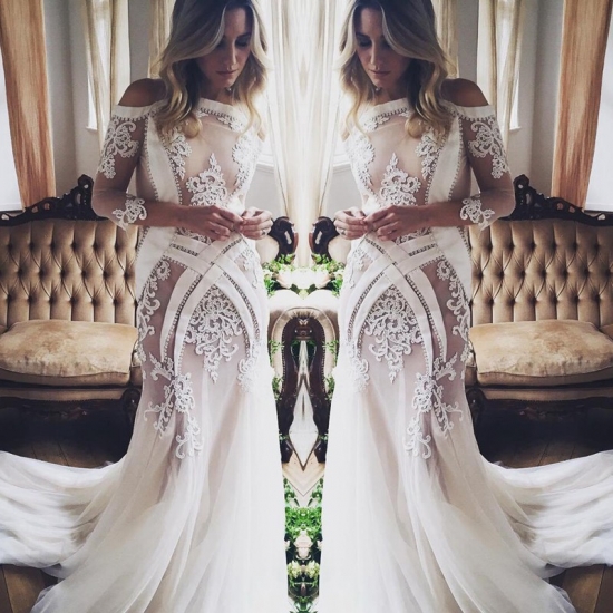 Elegant Sheath Off Shoulder 3/4 Sleeves Court Train Wedding Dress with Appliques - Click Image to Close