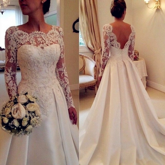 A-Line Bateau Long Sleeves Satin Wedding Dress with Lace Pleats - Click Image to Close