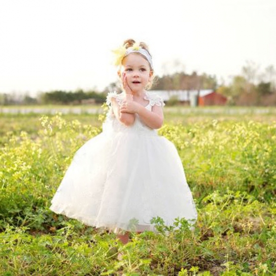 Glamorous Scoop Mid-Calf Flower Girl Dress - Backless with Lace Top Bowknot - Click Image to Close