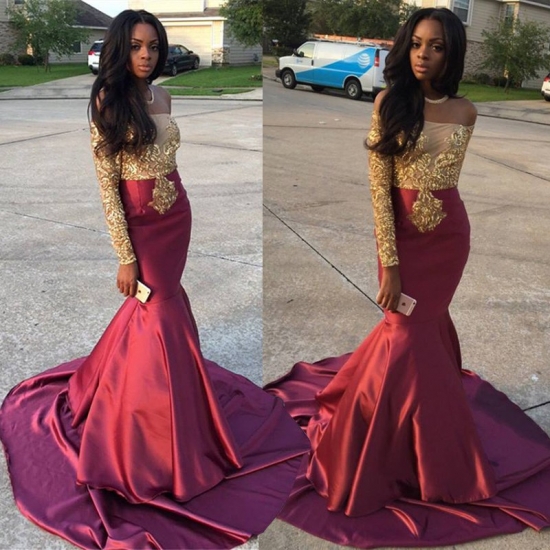 Modern Off-the-Shoulder Long Sleeves Appliques Sweep Train Long Prom Dress - Click Image to Close