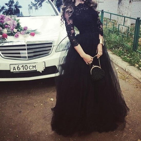 Fashion Black Prom Dress - Floor-Length 3/4 Sleeves Lace Top with Beading - Click Image to Close