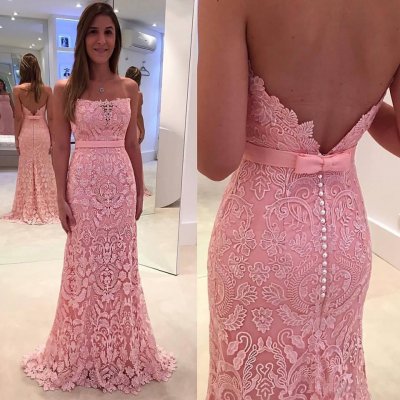 Chic Sheath Pink Prom Dress - Strapless Sweep Train Lace with Sash