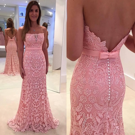 Chic Sheath Pink Prom Dress - Strapless Sweep Train Lace with Sash - Click Image to Close