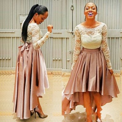 High Low Bateau Long Sleeves Blush Prom Homecoming Dress with Sash Lace