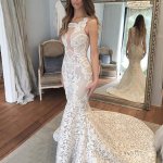 Mermaid Style Square Neck Court Train Lace Wedding Dress