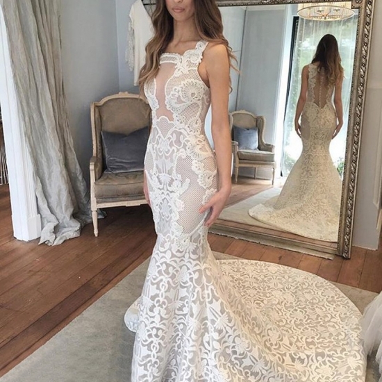 Mermaid Style Square Neck Court Train Lace Wedding Dress - Click Image to Close