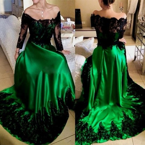 A-line Prom Dress - Off-the-Shoulder 3/4 Sleeves Sweep Train with Appliques
