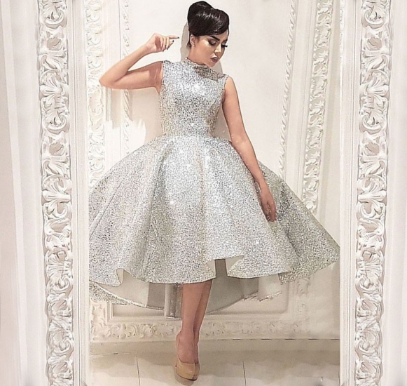 Ball Gown High Low High Low Silver Sequined Prom Dress with Pleats - Click Image to Close