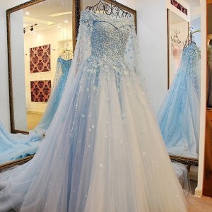 A-Line Long Sleeves Light Sky Blue Tulle Prom Dress with Beading Appliques