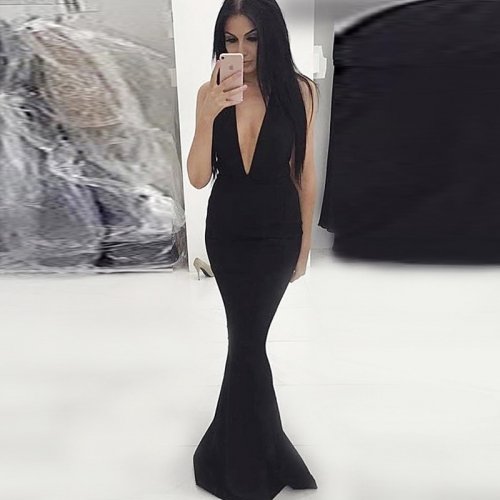 Mermaid Deep V-Neck Sweep Train Black Elastic Satin Prom Dress