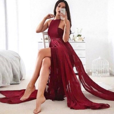 A-Line Jewel Sweep Train Maroon Chiffon Prom Dress with Split