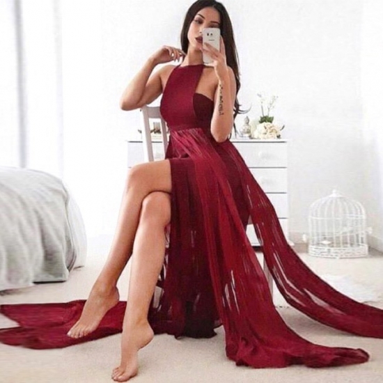 A-Line Jewel Sweep Train Maroon Chiffon Prom Dress with Split - Click Image to Close