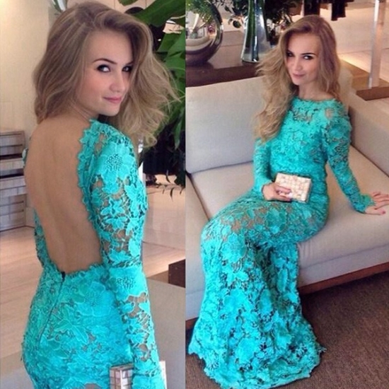Mermaid Style Bateau Long Sleeves Backless Turquoise Lace Prom Dress - Click Image to Close