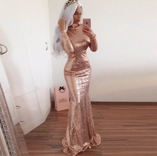 Mermaid Jewel Long Sleeves Open Back Rose Gold Sequined Prom Dress