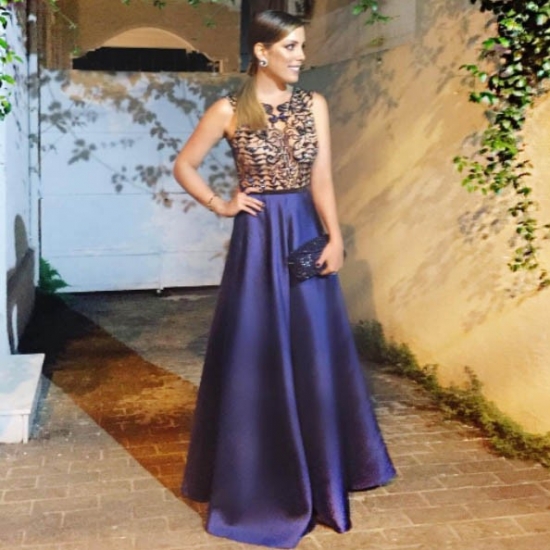 A-Line Jewel Floor-Length Dark Blue Satin Prom Dress with Beading - Click Image to Close
