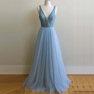 A-Line Deep V-Neck Long Blue Tulle Prom Dress with Beading