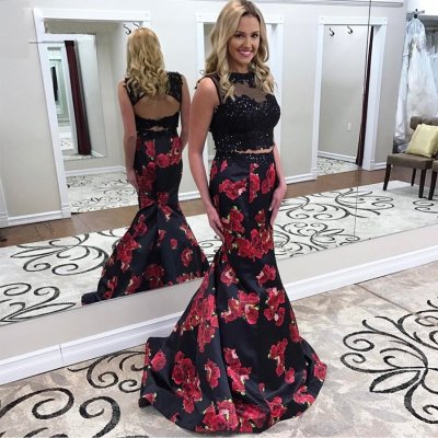 Two Piece Jewel Black Floral Beaded Prom Dress with Appliques Open Back