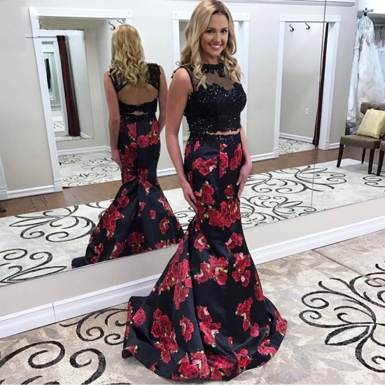 Two Piece Jewel Black Floral Beaded Prom Dress with Appliques Open Back - Click Image to Close