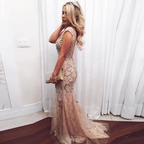 Mermaid V-Neck Long Backless Champagne Tulle Prom Dress with Beading