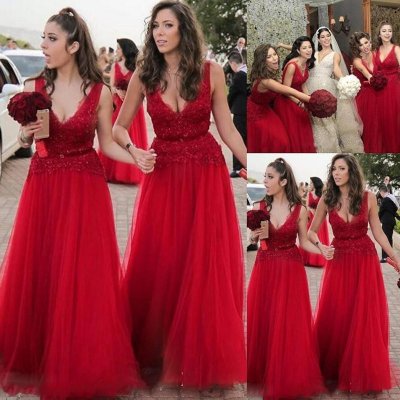 A-Line V-Neck Backless Red Tulle Bridesmaid Dress with Beading Appliques