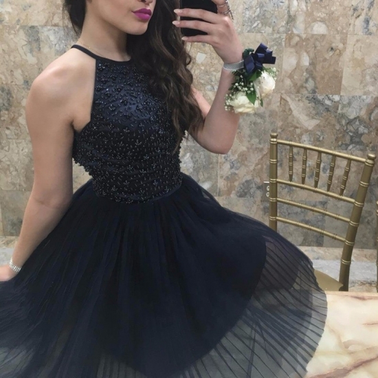 A-Line Halter Short Navy Blue Tulle Homecoming Dress with Beading - Click Image to Close