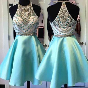 A-Line Round Neck Short Mint Green Satin Homecoming Dress with Beading Lace