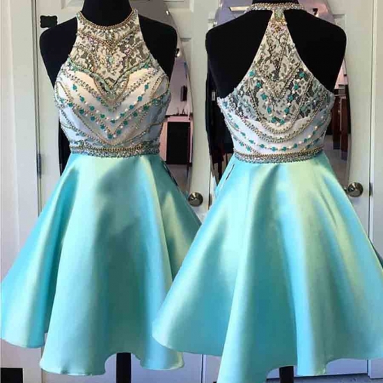 A-Line Round Neck Short Mint Green Satin Homecoming Dress with Beading Lace - Click Image to Close