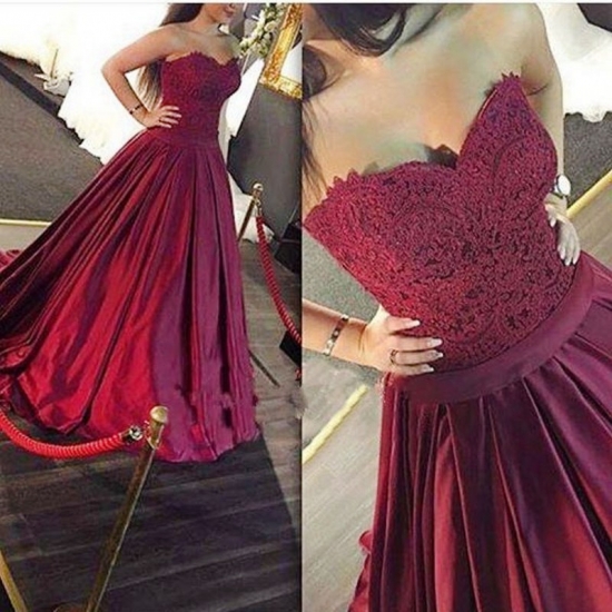 A-Line Sweetheart Sweep Train Maroon Satin Prom Dress with Lace - Click Image to Close