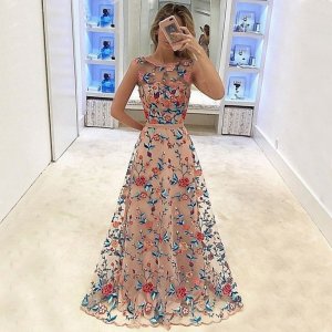A-Line Bateau Floor-Length Blush Lace Prom Dress with Sash