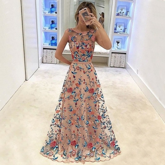 A-Line Bateau Floor-Length Blush Lace Prom Dress with Sash - Click Image to Close