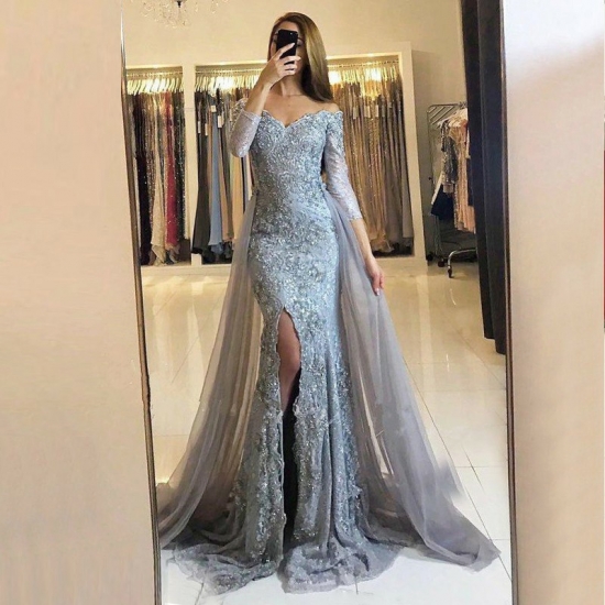 Sheath Off-the-Shoulder Detachable Train Grey Tulle Prom Dress with Beading Appliques - Click Image to Close