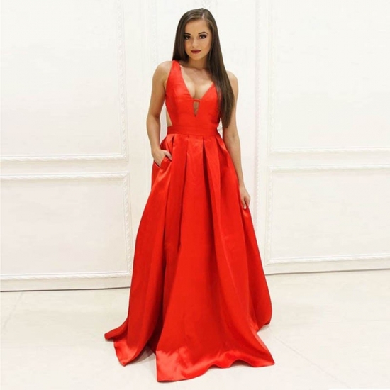 A-Line V-Neck Floor-Length Orange Satin Prom Dress with Pockets - Click Image to Close