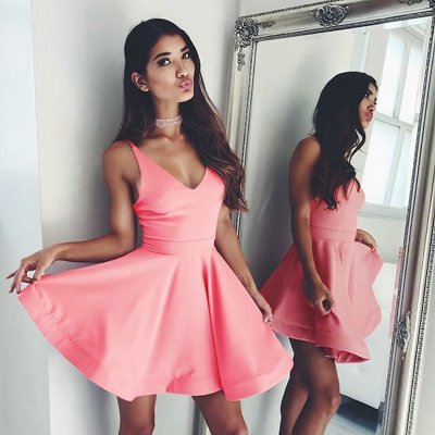 A-Line V-Neck Sleeveless Pink Short Satin Homecoming Dress