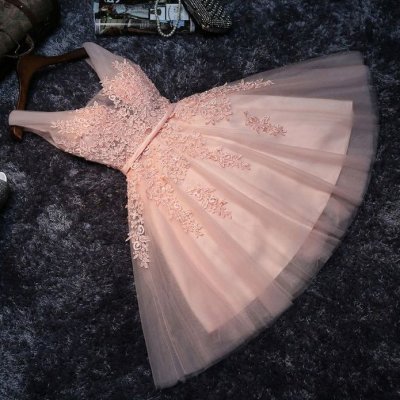 A-Line V-Neck Pearl Pink Tulle Homecoming Dress with Sash Appliques Pearls