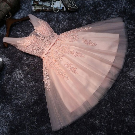 A-Line V-Neck Pearl Pink Tulle Homecoming Dress with Sash Appliques Pearls - Click Image to Close
