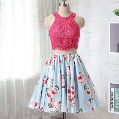 Two Piece Round Neck Short Blue Floral Homecoming Dress with Beading Lace